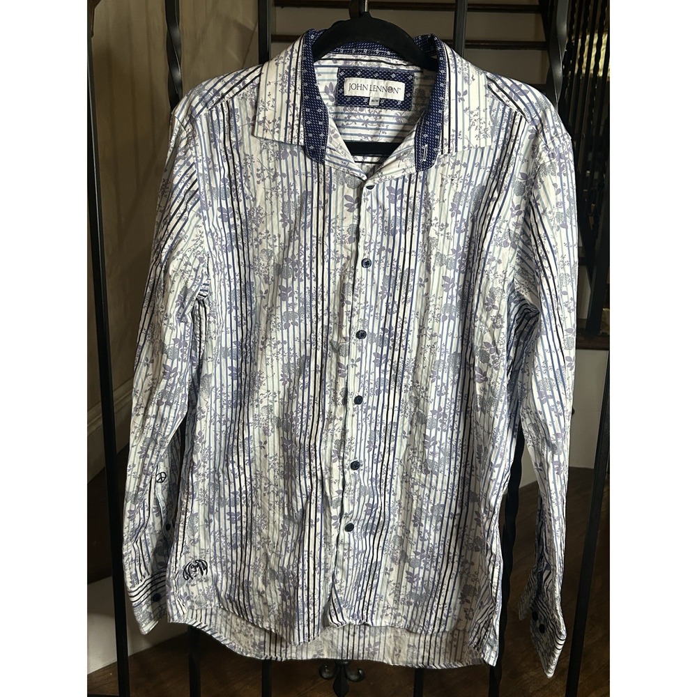 Men's Medium John Lennon Shirt Long Sleeves Button Up Flora Blue & White